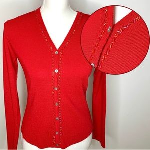 Red Long-Sleeved Cardigan Beading Shell Buttons Ribbed Petite Workwear Party